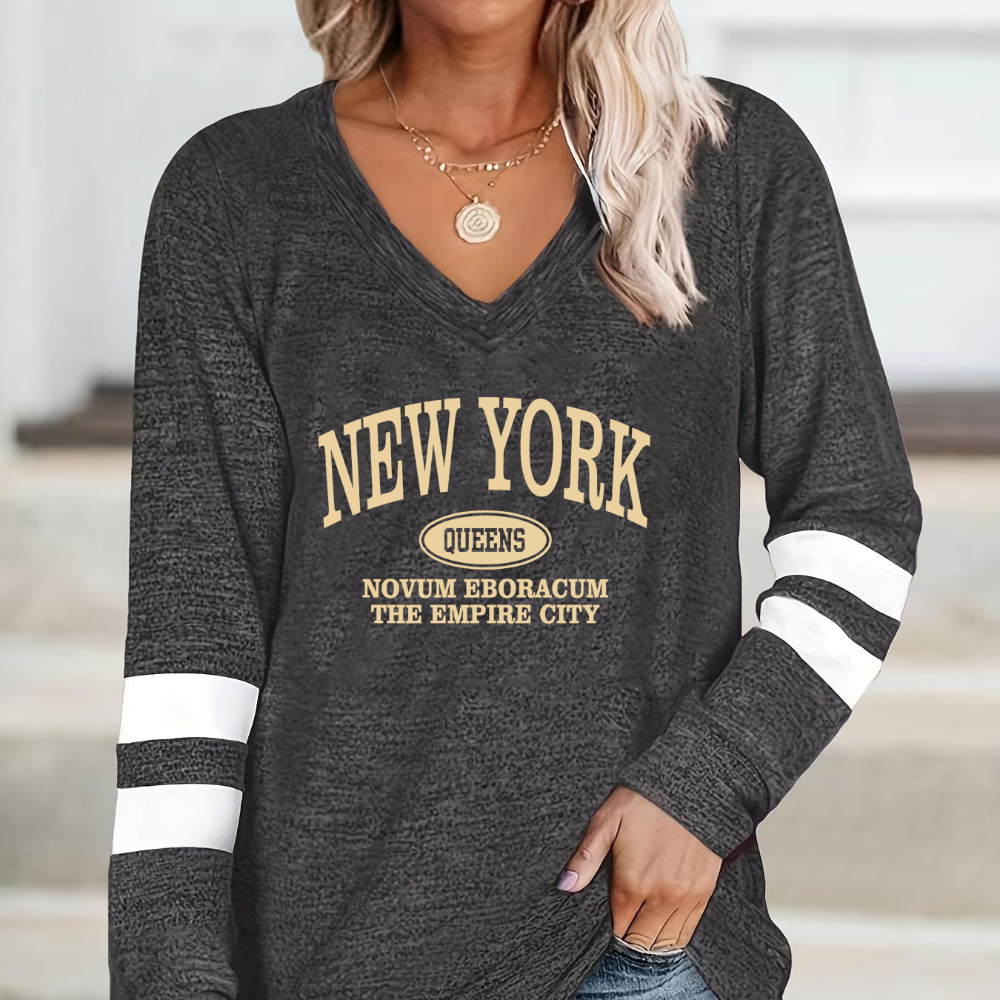 

Letter Print T-shirt, Long Sleeve V Neck Casual Top For Spring & Fall, Women's Clothing