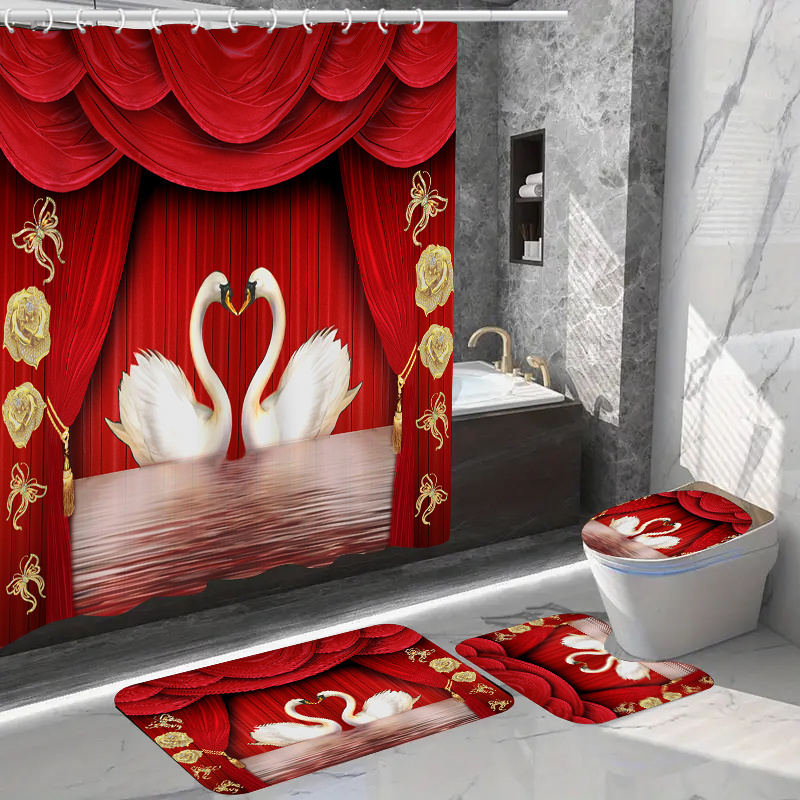

1/4pcs Swan Pattern Shower Curtain Set, Waterproof Shower Curtain With Non-slip Rug, Toilet Lid Cover, And Bath Mat, Easy Install With C-type Hooks, Bathroom Accessories