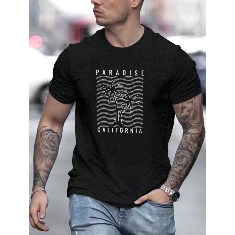 

Tropical Plants Print Men's Casual Crew Neck Pullovers Short Sleeve T-shirt For Spring And Summer, Fashion Pattern Crew Neck Tees For Men
