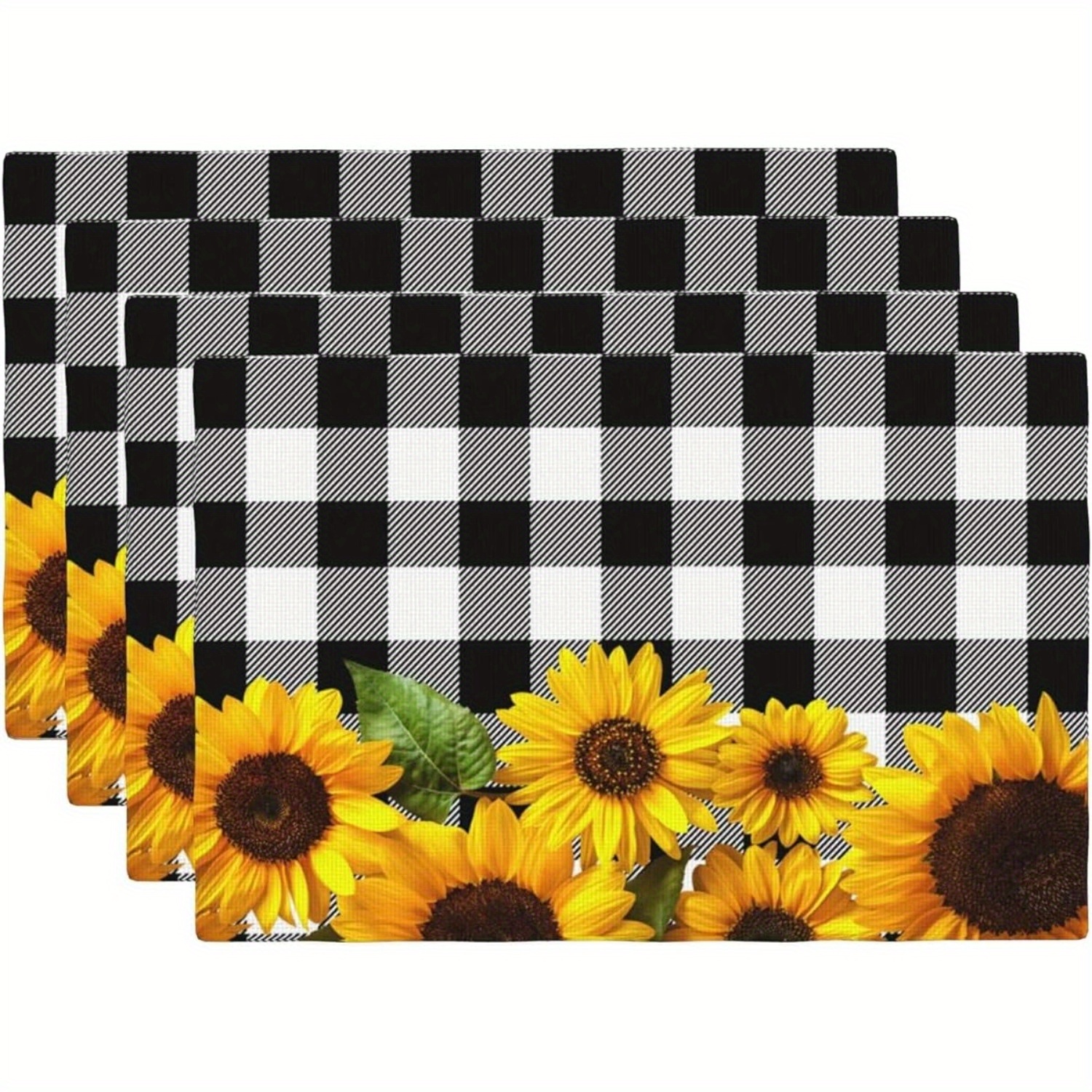 

4pcs, Table Pads, Buffalo Check Placemats With Sunflower Design, Black And White Plaid Farmhouse Style Linen Table Mats, Washable And Reusable Dining Place Mats