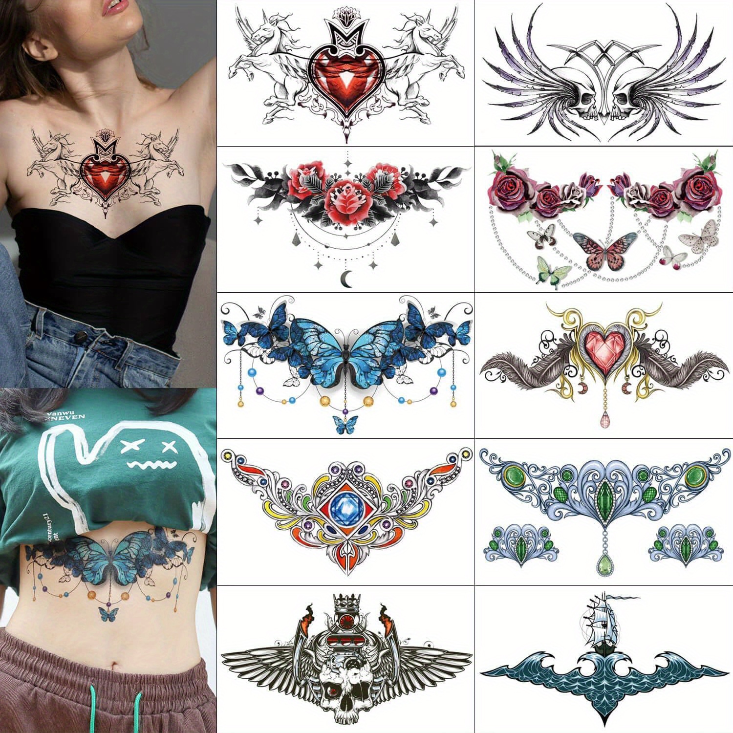 

10 Sheets Chest Underboob Temporary Tattoo For Women, Large Floral Fake Realistic Tattoos, Long-lasting Creative Removable Tattoo Stickers, Butterfly Tramp Stamp Stickers, Body Art Decorations