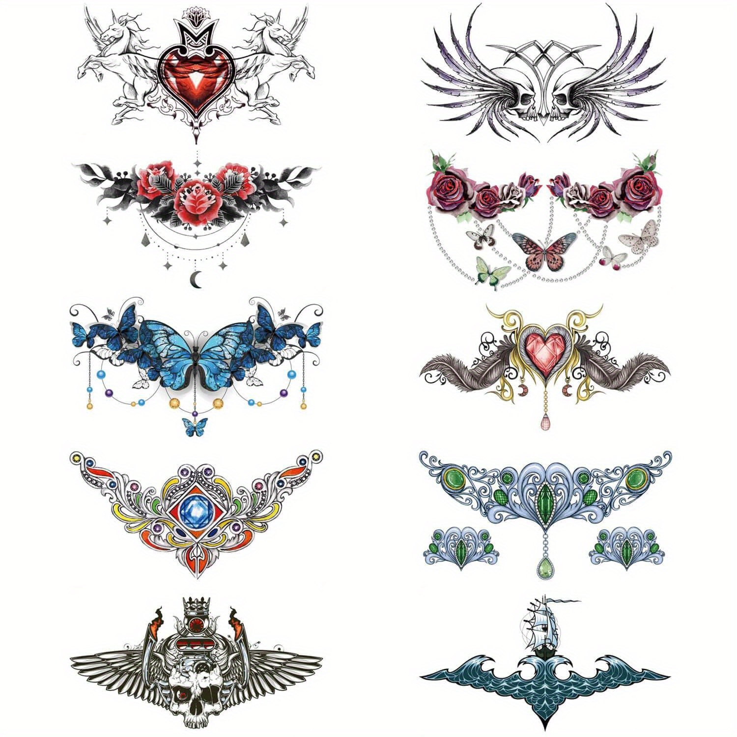 10 Sheets Chest Underboob Temporary Tattoo For Women Large Floral Realistic Tattoos Long lasting Creative Removable Tattoo Stickers Butterfly