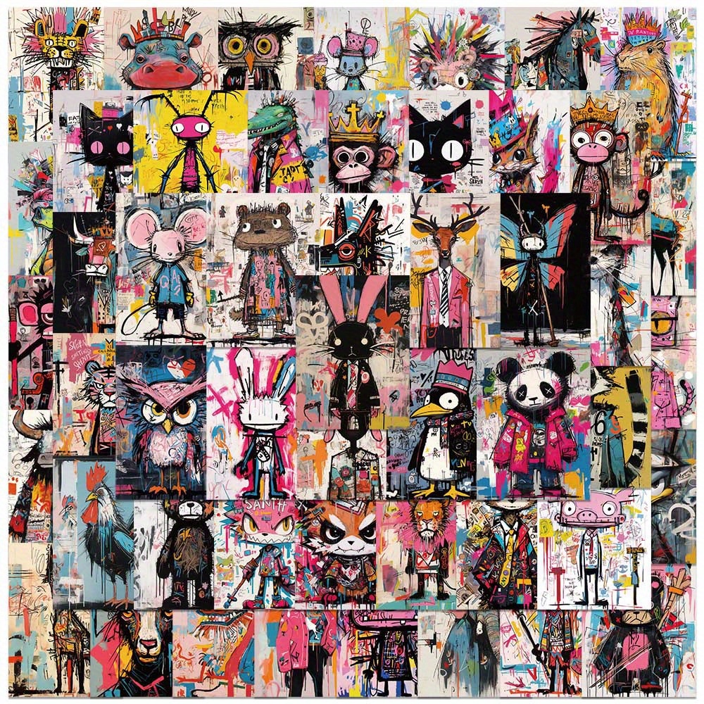 Image of 50pcs Yeesacg Basquet Style Graffiti Stickers - Vinyl, Vibrant Cartoon Animal Designs For Laptops, Skateboards, Helmets & More - Ideal For Party Favors, Mother's Day & Valentine's Gifts, Cute Stickers