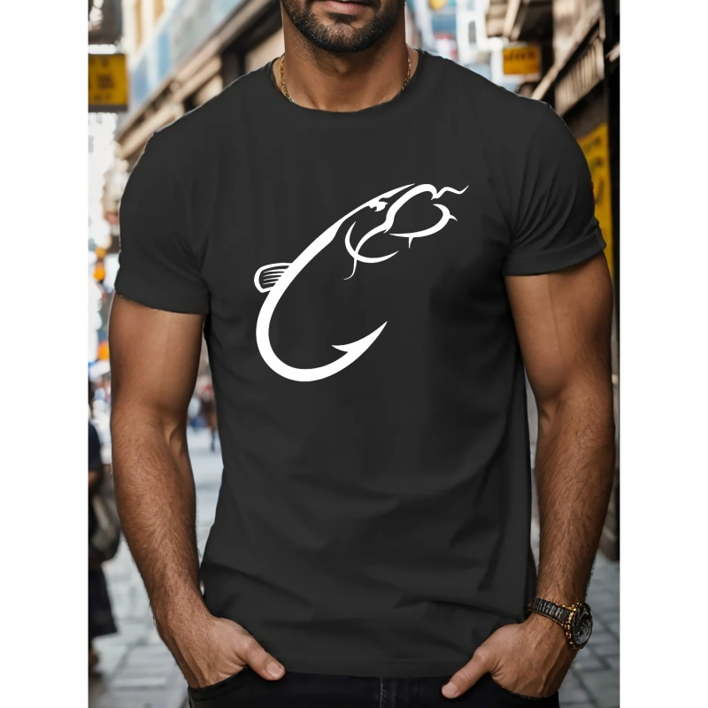 

Catfish Hook Print Short Sleeve Tees For Men, Casual Crew Neck T-shirt, Comfortable Breathable T-shirt