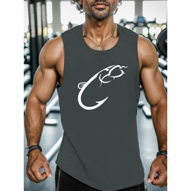 

Fish Print Men's Summer Quick Dry Moisture-wicking Breathable Tank Tops Athletic Gym Bodybuilding Sports Sleeveless Shirts, For Workout Running Training Men's Clothes