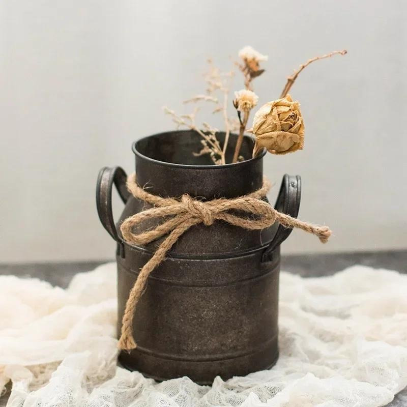 

Vintage-inspired Metal Flower Bucket - Rustic European Milk Jug Vase For Home Decor, Single Plant Pot With Hemp Rope Accent