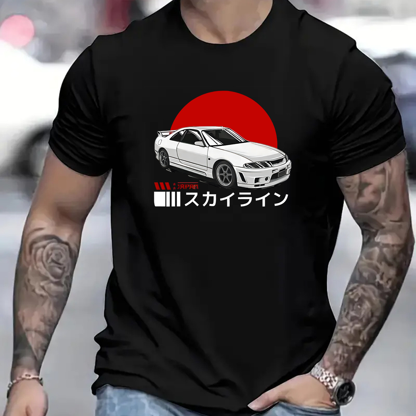 

Japanese Characters And Car Graphic Print, Men's Casual Fit T-shirt, Cool Tee Top Clothes For Men For Summer For Everyday Activities