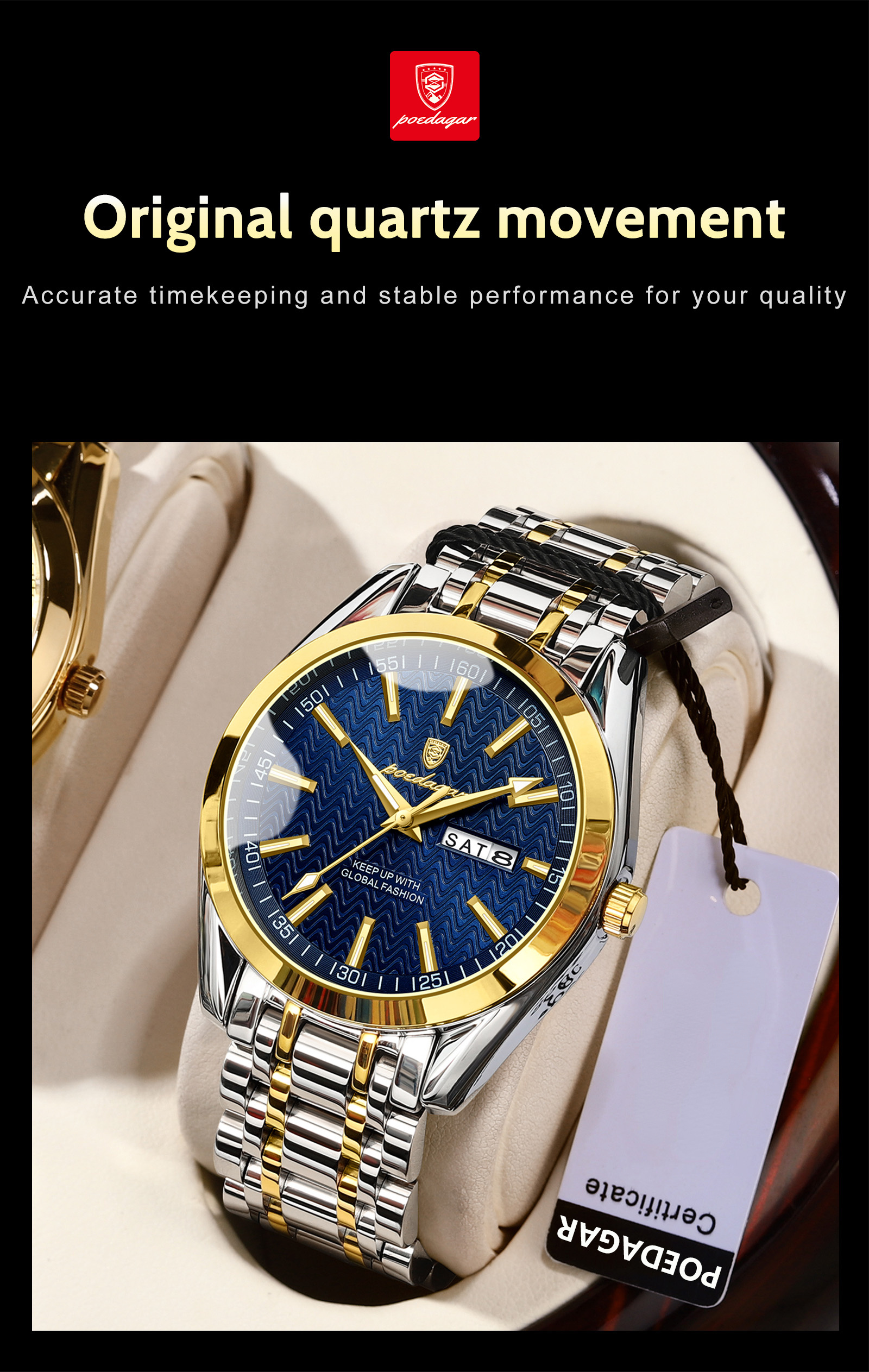 poedagar business waterproof luminous stainless steel date week quartz watches details 12