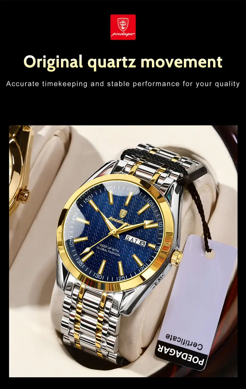 poedagar business waterproof luminous stainless steel date week quartz watches details 12