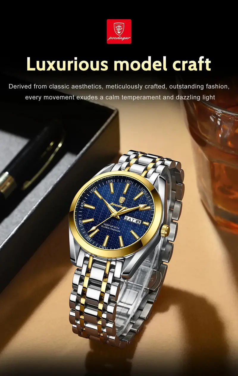 poedagar business waterproof luminous stainless steel date week quartz watches details 13