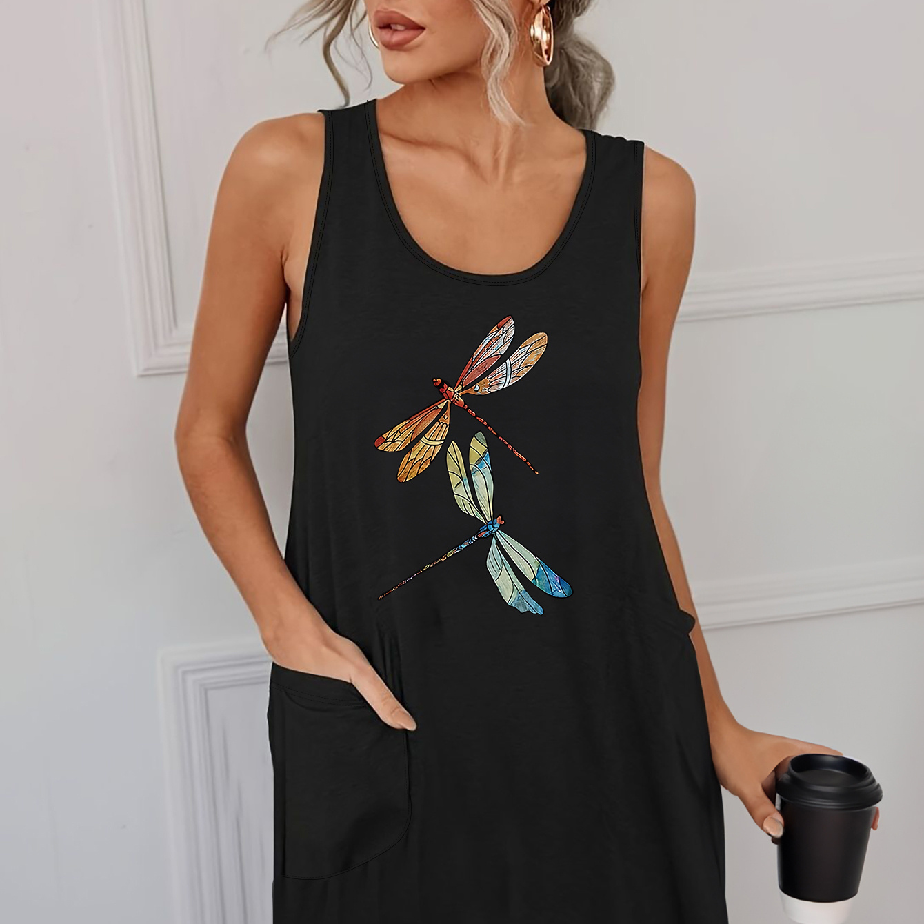 

Dragonfly Print Patch Pocket Tee Dress, Casual Tank Dress For Spring & Summer, Women's Clothing
