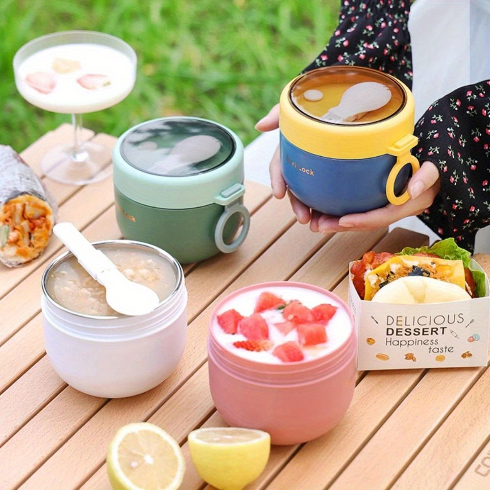 

1pc, Portable Stainless Steel Soup Bowl, Lunch Box Food Container, Cute Bento Box With Spoon, Suitable For Outdoor Camping Hiking Travel