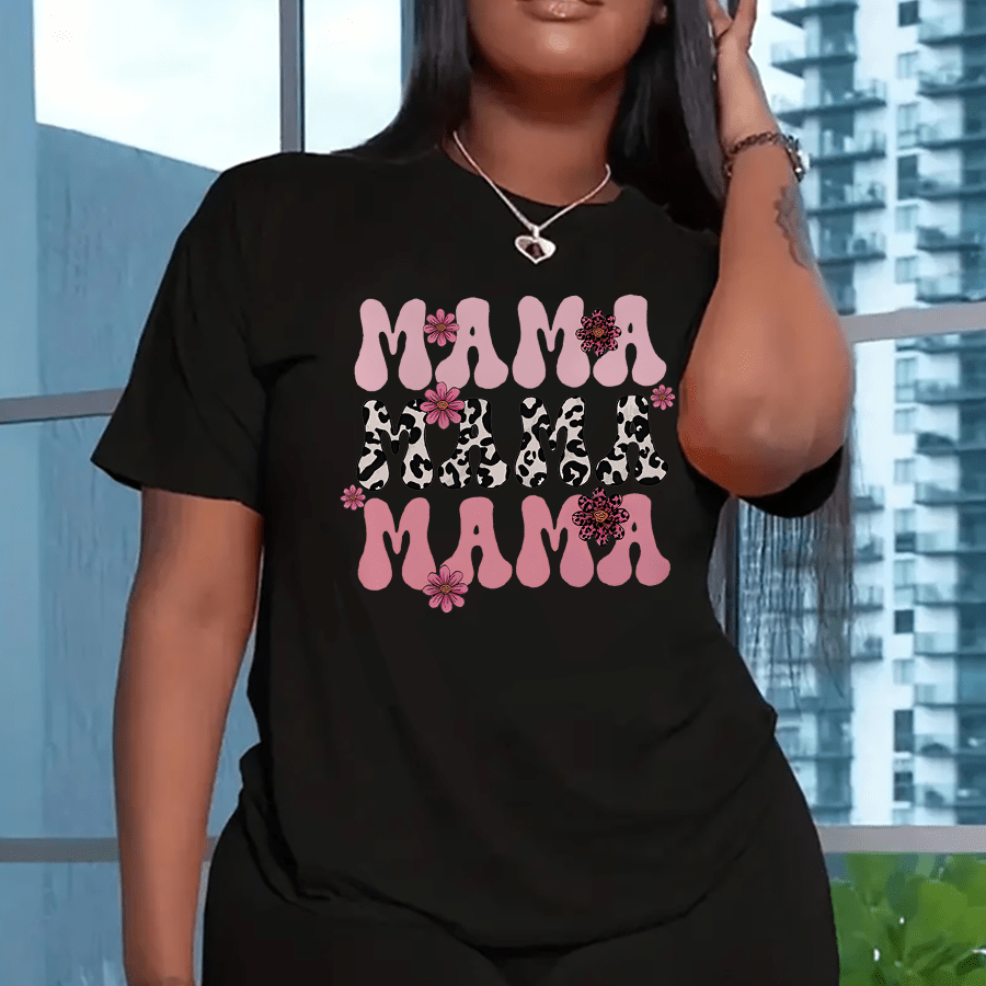

Plus Size Letter Mama Print Two-piece Set, Crew Neck Short Sleeve Top & Slim Shorts Outfits, Women's Plus Size Clothing