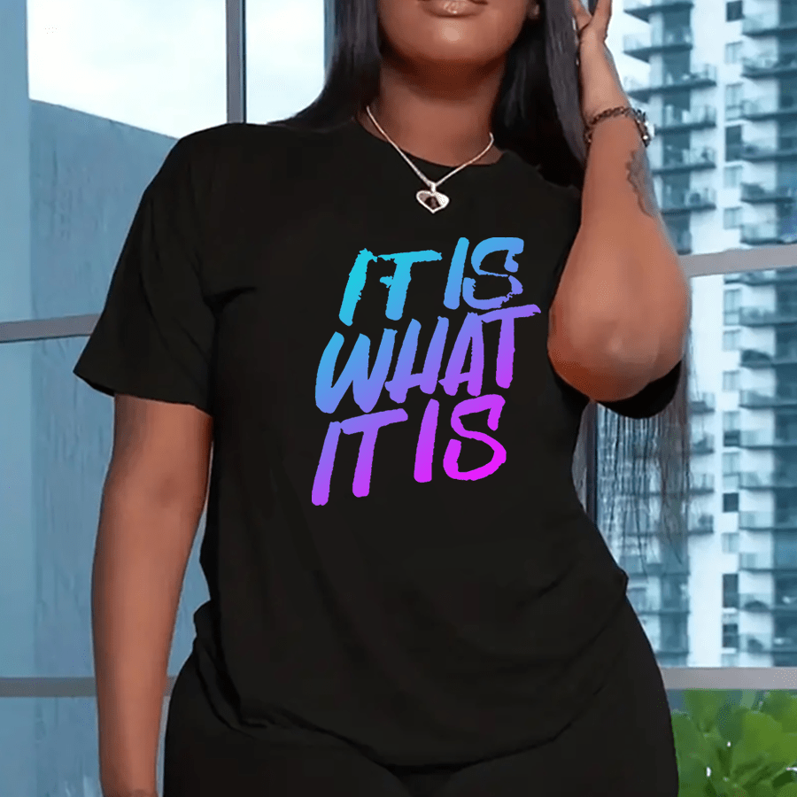 

Plus Size It Is What It Is Print Two-piece Set, Crew Neck Short Sleeve Top & Slim Shorts Outfits, Women's Plus Size Clothing