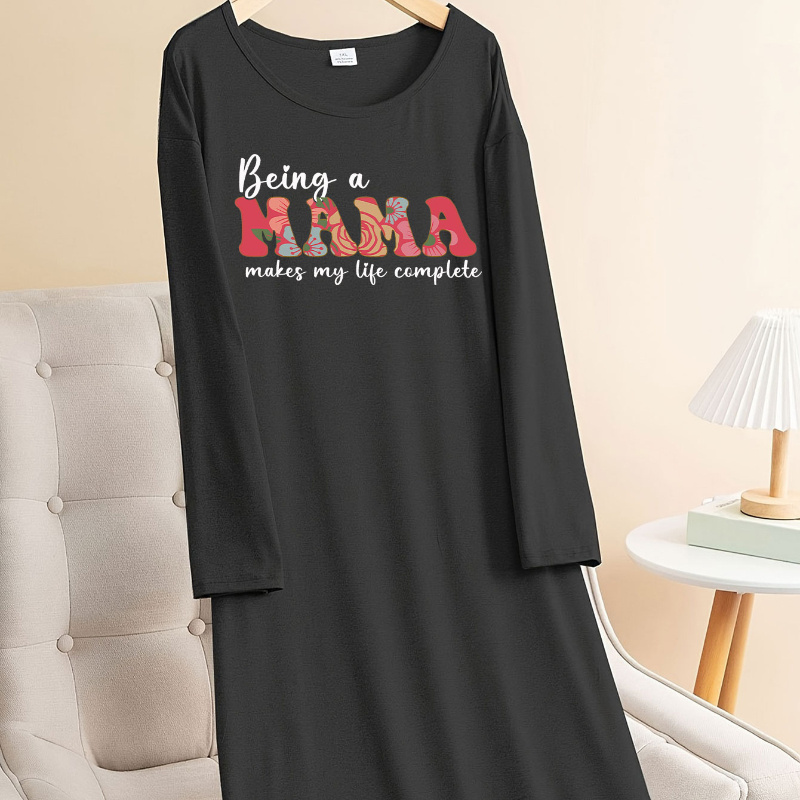 

Women's Plus Mother's Day Casual Lounge Dress, Plus Size Slogan Print Long Sleeve Crew Neck Tee Nightdress