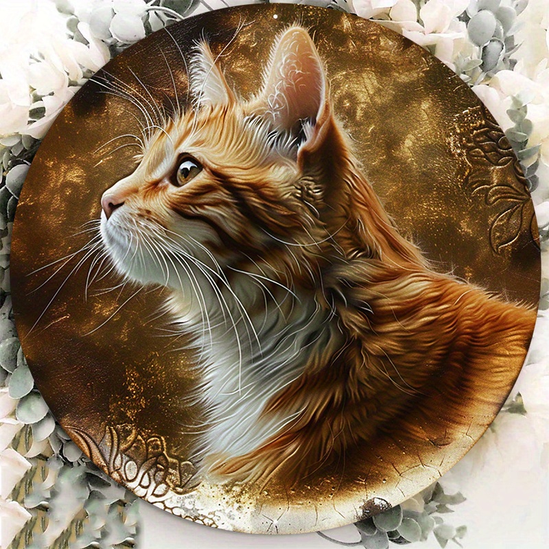 

1pc 8x8inch Aluminum Metal Sign A Cat Is Painted On A Gold Background Plate Ae Round Aluminum Sign Door Hanger Sign Wall Sign Wreath Sign Metal Sign Decor Sign