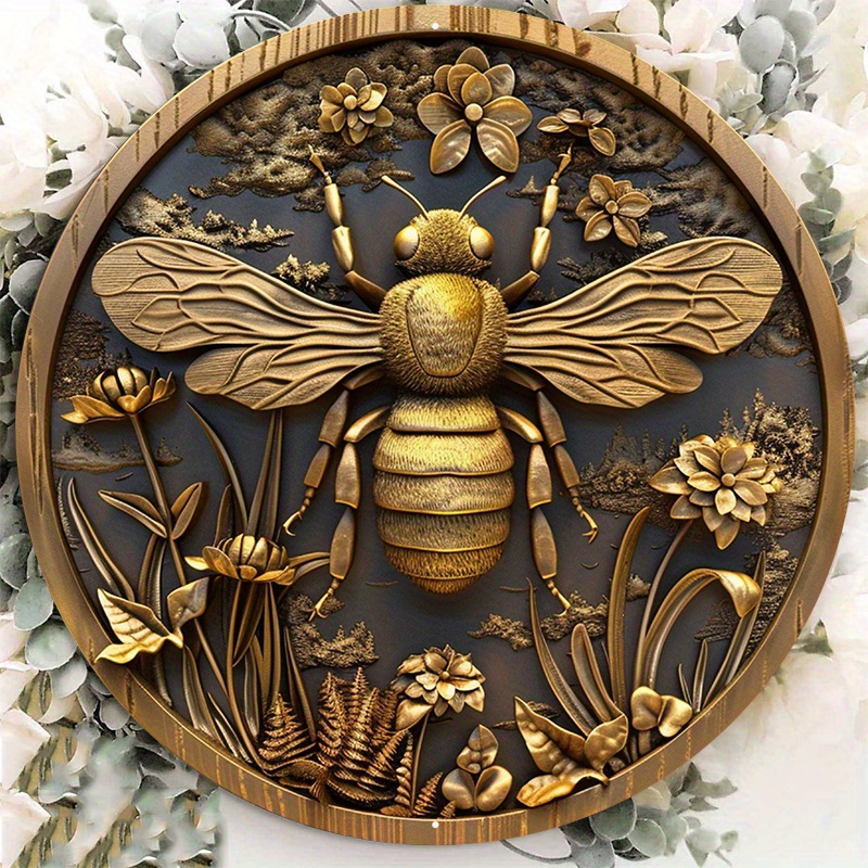 

1pc 8x8inch Aluminum Metal Sign A Gold Gold Bee Design Sitting In A Forest Dt Round Aluminum Sign Door Hanger Sign Wall Sign Wreath Sign Metal Sign Decor Sign