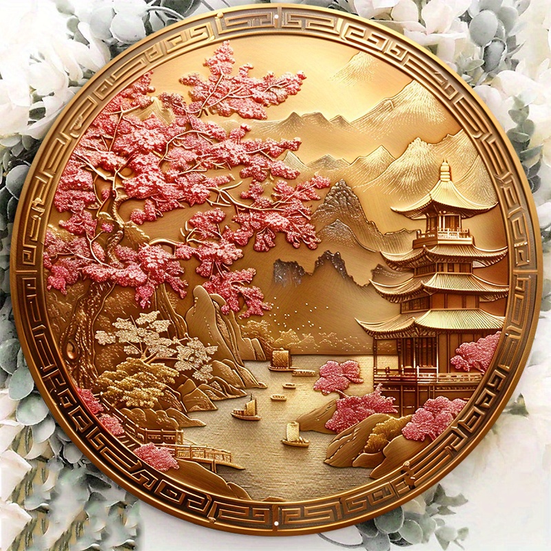 

1pc 8x8inch Aluminum Metal Sign A Gold Medallion That Contains A Traditional Design Of Chinese And Sakura Artwork Round Aluminum Sign Door Hanger Sign Wall Sign Wreath Sign Metal Sign Decor Sign