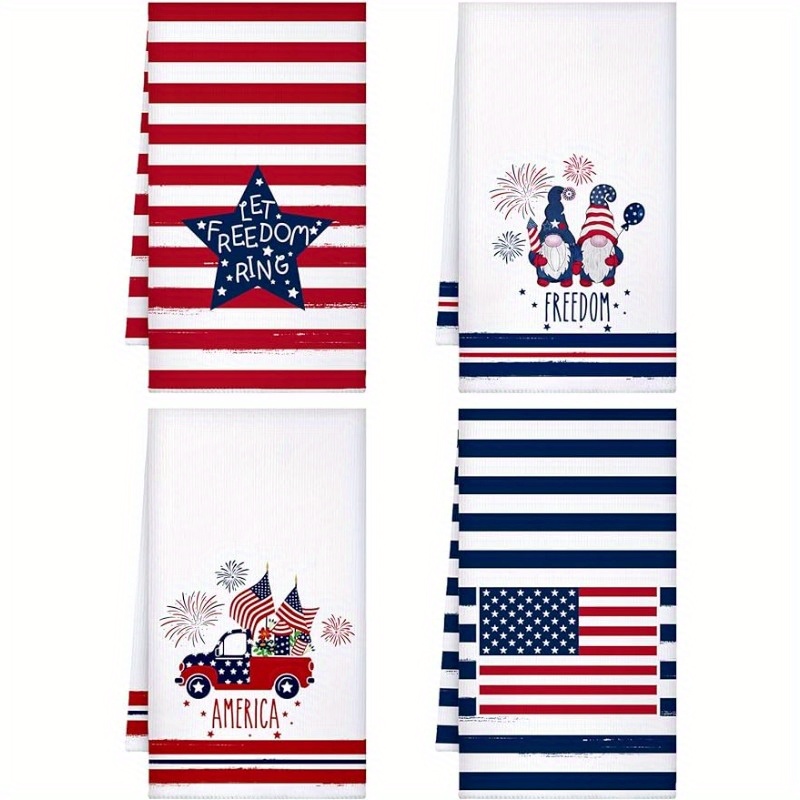 

4pcs, Hand Towels, Strip And Stars Cartoon Gnome Pattern Dish Towels, Freedom 4th Of July Theme Kitchen Towels, Patriotic American Flag Stars Printed Dishcloth, Cleaning Stuff, Kitchen Decor