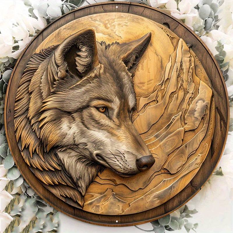 

1pc Round Aluminum Metal Sign, Creative Wolf Pattern Wall Art Metal Sign, Suitable For Home And Office Room Decoration (8"x8"/20cm*20cm)