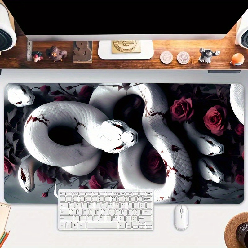 

Cool White Snake Rose Large Mouse Pad Computer Hd Flower Desk Mat Keyboard Pad Natural Rubber Non-slip Office Mousepad Table Accessories As Gift For Boyfriend/girlfriend Size 35.4x15.7in