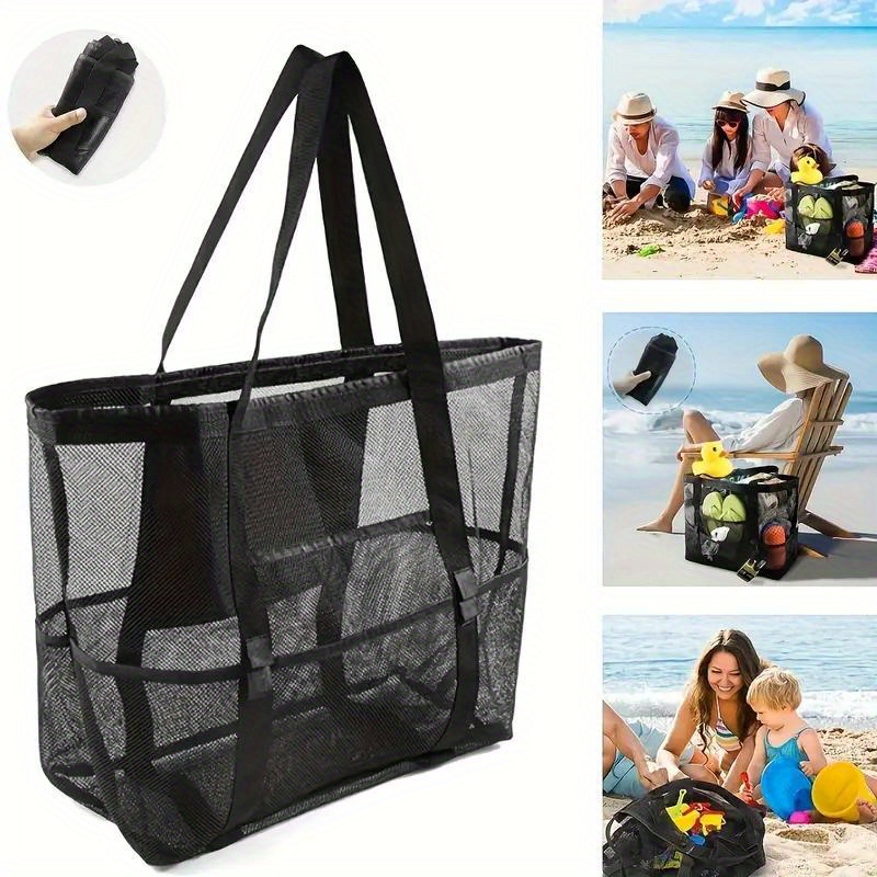 

1pc Large Capacity Beach Tote Bag With Zipper And Extra Pockets For Family, Sandproof Mesh Swim Bag, Travel Toiletries Organizer And Picnic Storage Bag