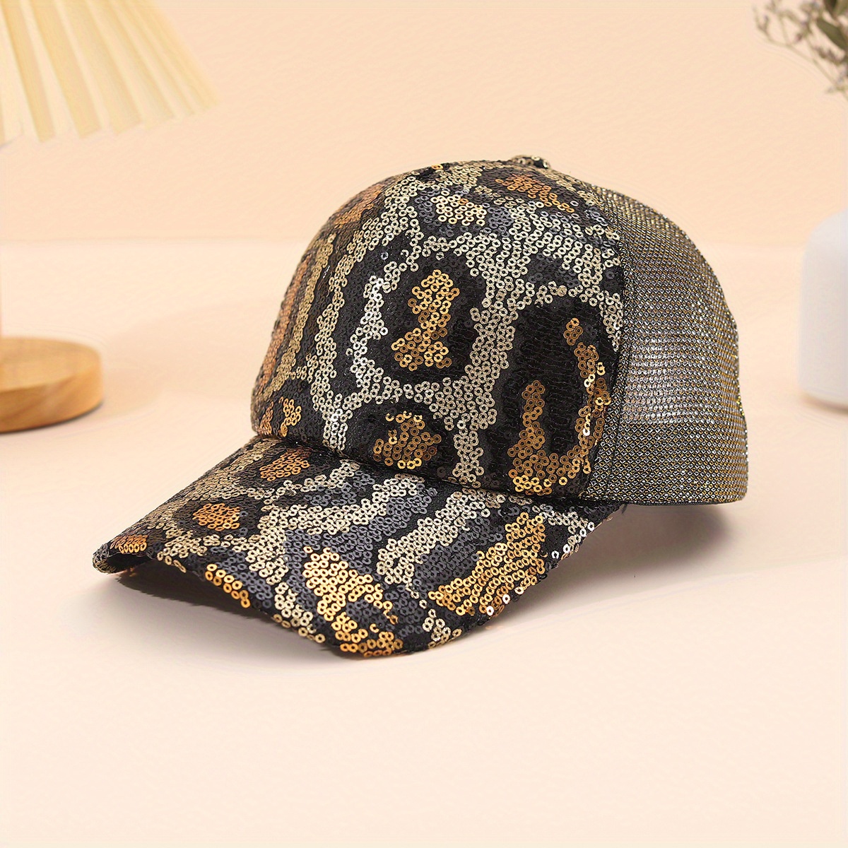 

Sequin Leopard Print Baseball Cap For Women, Sun Protection Adjustable Trucker Hat, Sparkly Summer Peaked Hats For Outdoor Activities