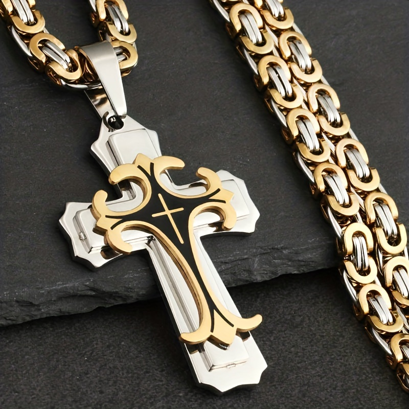 

Men's Vintage Flat Handmade Necklace With Multilayer Golden Black Stainless Steel Cross Pendant Necklace Jewelry