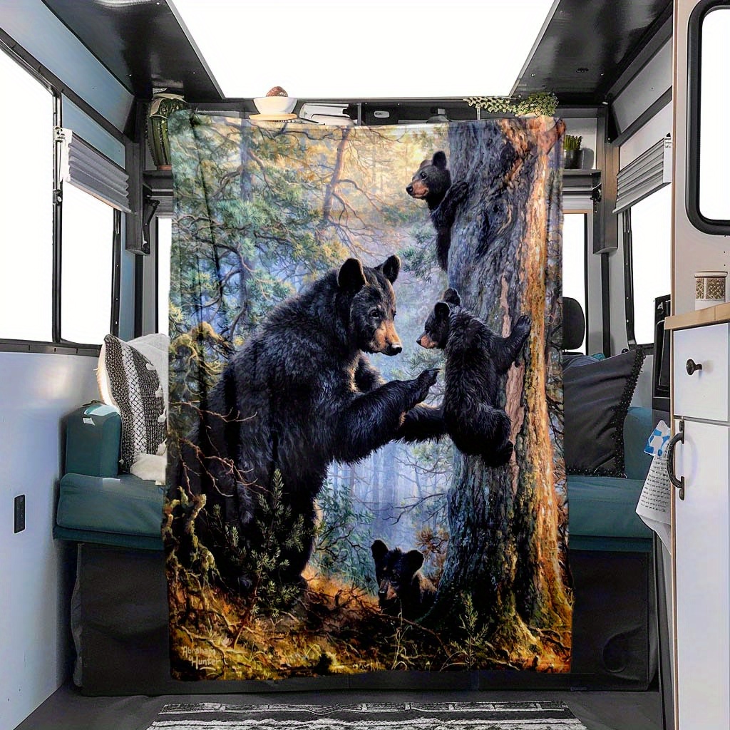 

4 Seasons Car Camper Nap Blanket With Black Bear Pattern, Made Of Flannel.