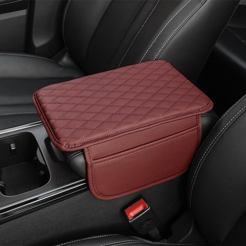 Image of 1pc Faux Leather Car Armrest Box Heightening Pad With Side Storage Bag, Car Armrest Box Cushion With Storage Pocket, Car Interior Decoration Additions, Universal For