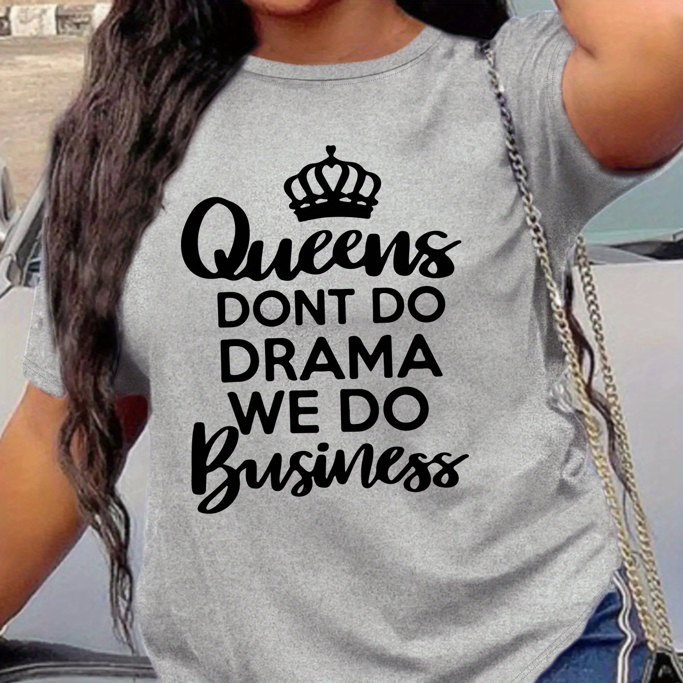 

Plus Size Queen Dont Do Drama Print T-shirt, Casual Crew Neck Short Sleeve Top For Spring & Summer, Women's Plus Size Clothing