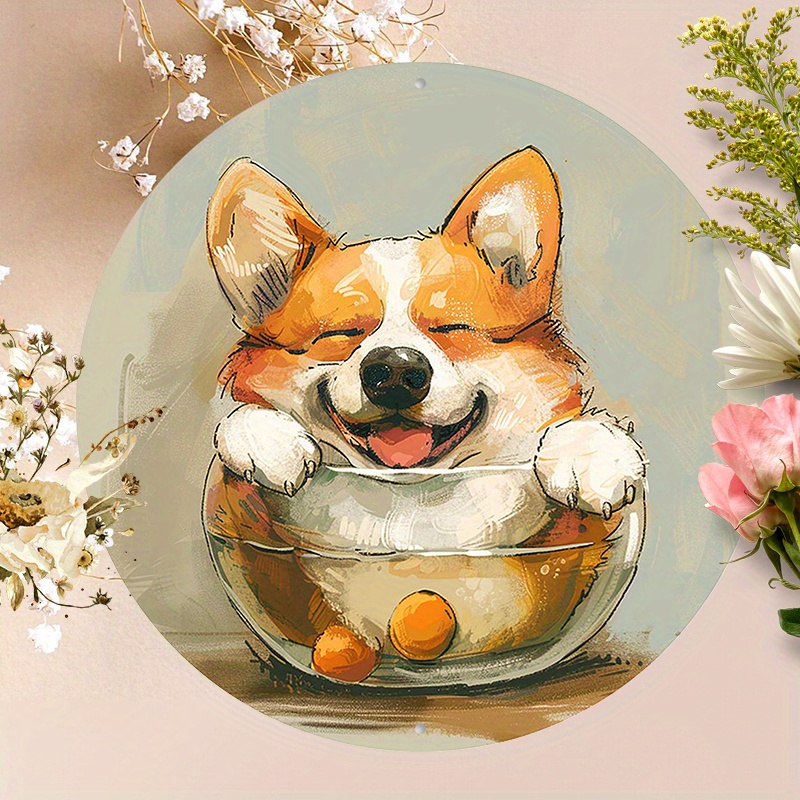

1pc 8x8inch(20x20cm) Round Aluminum Sign Metal Sign Cute Corgi Vintage Style Metal Sign Wall Decor For Kitchen Room Patio Home Garage