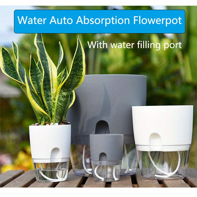 

1 Pack, 3 Sizes Self-watering Plastic Flowerpot Set, Transparent Double Layer With Cotton Rope, Classic Style Small Plant Pots With Water Injection Port For Indoor Outdoor Use