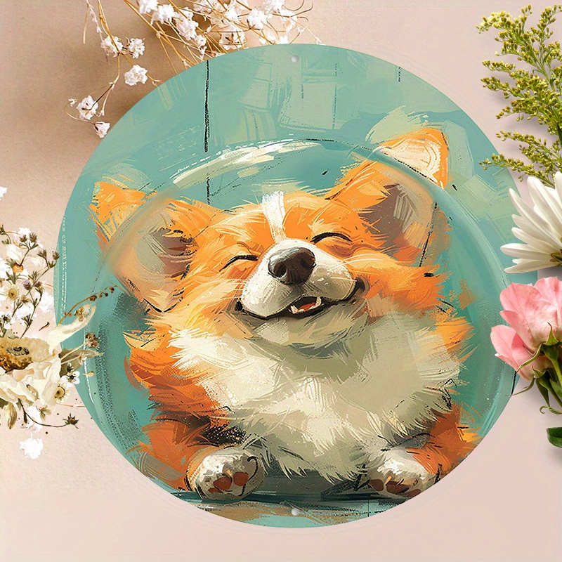 

1pc 8x8inch(20x20cm) Round Aluminum Sign Metal Sign Funny Corgi Vintage Style Metal Sign For Bedroom Modern Fashion Office Wall Decor