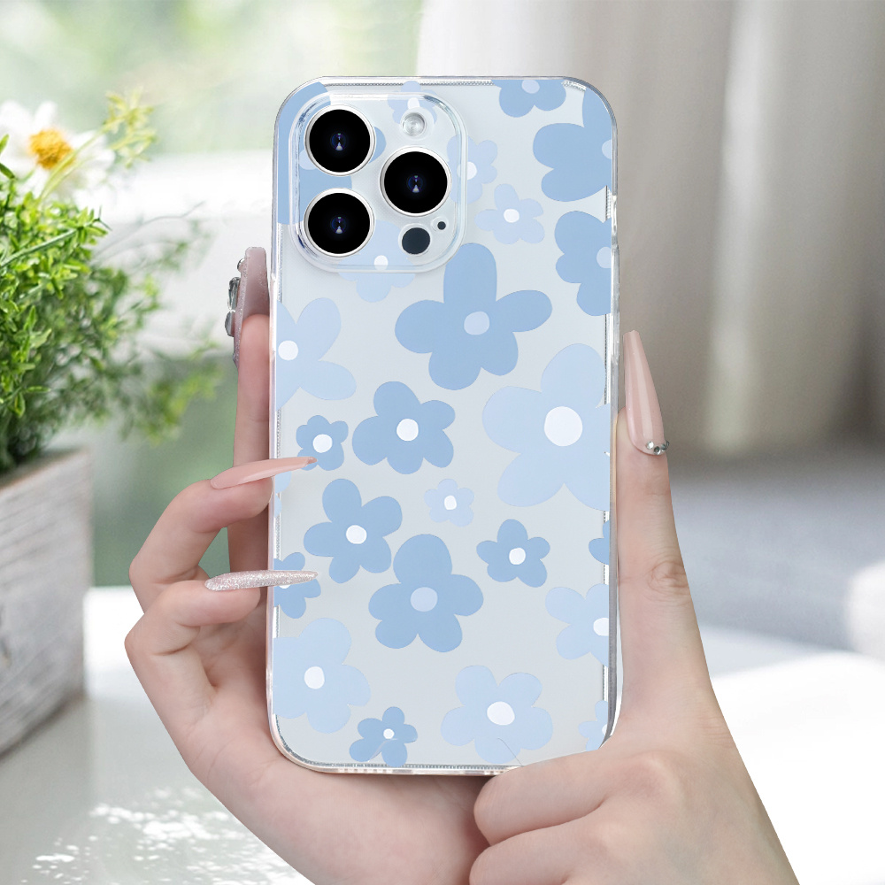 

Premium Quality Transparent Phone Case With A Simple And Stylish Blue Flower Pattern For 15 14 13 12 11 Xs Xr X 7 8 Plus Pro Max Mini