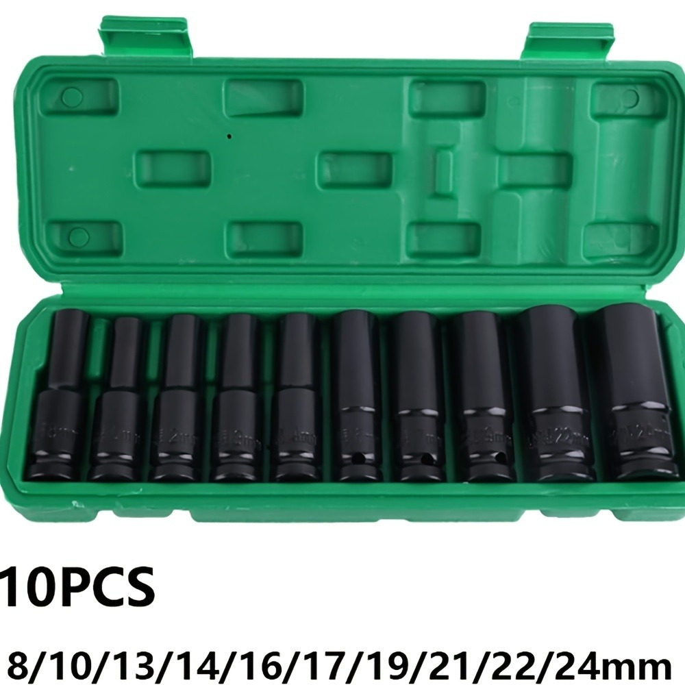 

10pcs 1/2" 8-24mm Power Socket Tools, Impact Wrench Adapter, Industrial Hand Tool Socket Set For Auto Repair
