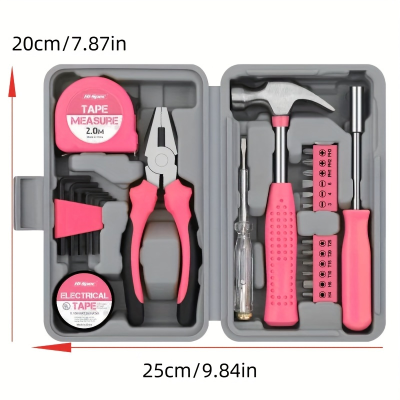 

24-in-1 Pink Multifunctional Home Repair Tool Kit With Pliers, Tape Measure, Hammer, Wrench, Screwdriver & Convenient Carrying Case