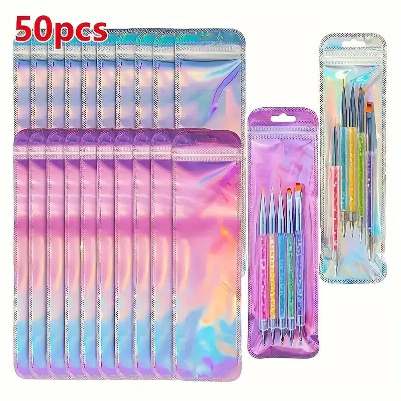 

50pcs, Holographic Laser Silvery And Rose Golden Zippered Gift Bags, Perfect For Small Businesses, With Resealable Packaging, Ideal For Makeup Brushes, Pens, Lipsticks, And Jewelry Eid Al-adha Mubarak