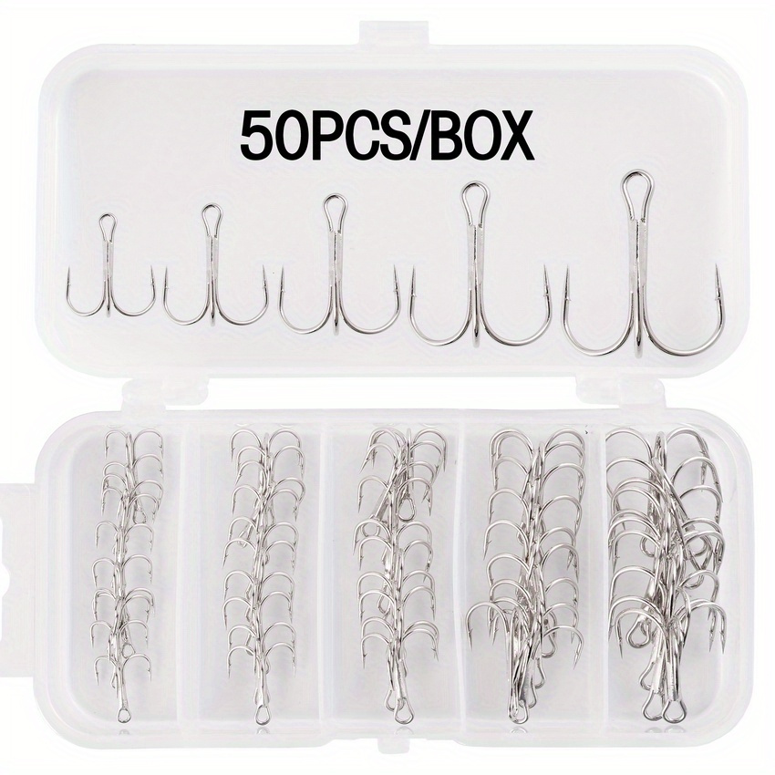 

50pcs/lot High Carbon Steel Treble Hook With Storage Box, Sharpened Barbed Fishhook For Bass, Size 2/4/6/8/10