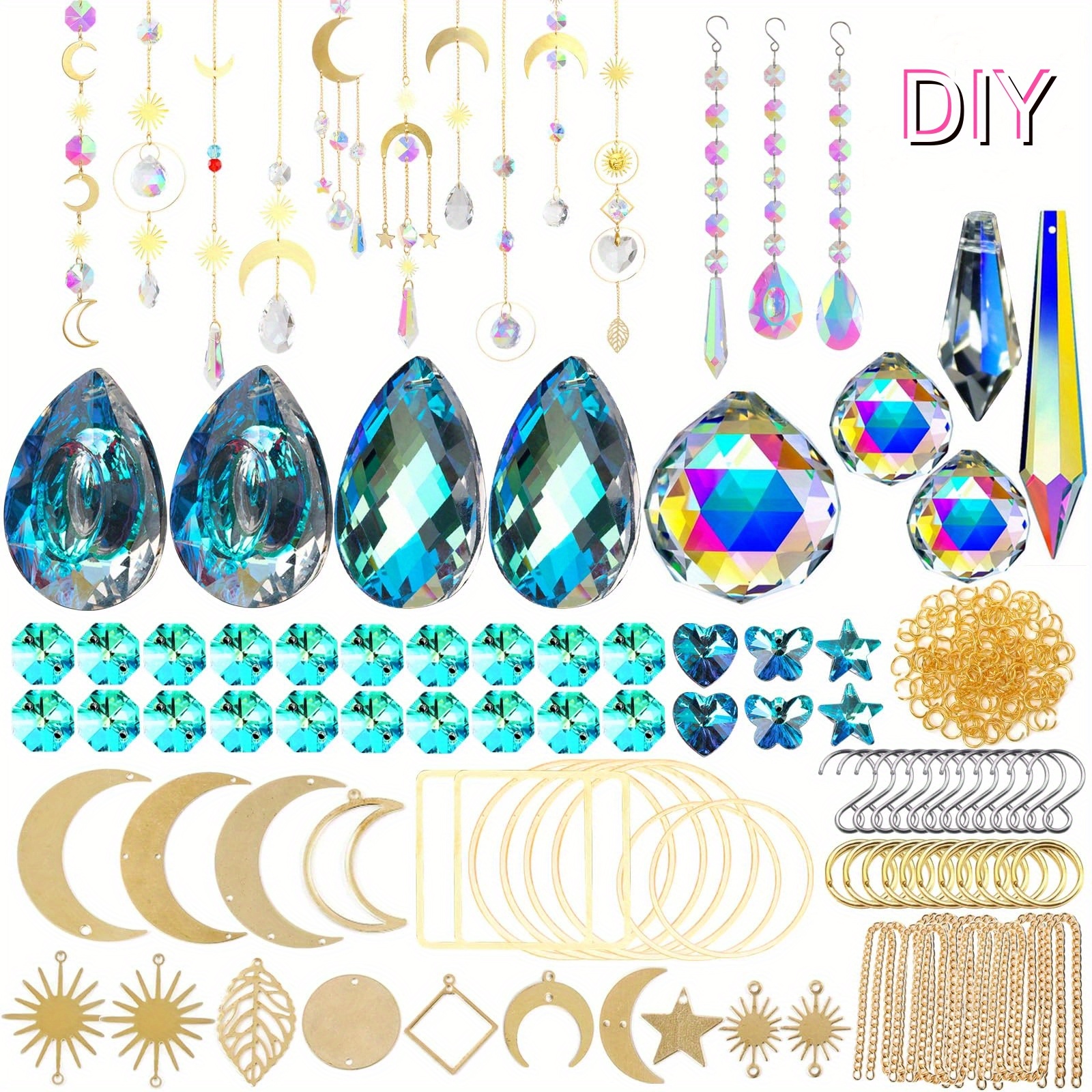 

370pcs Diy Sun Catcher Kit, Golden & Silvery Crystal Sun Catchers Supplies With Colorful Glass Prisms, Indoor & Outdoor Garden Christmas Decor, Rainbow-making Pendant Chains For Window Hanging