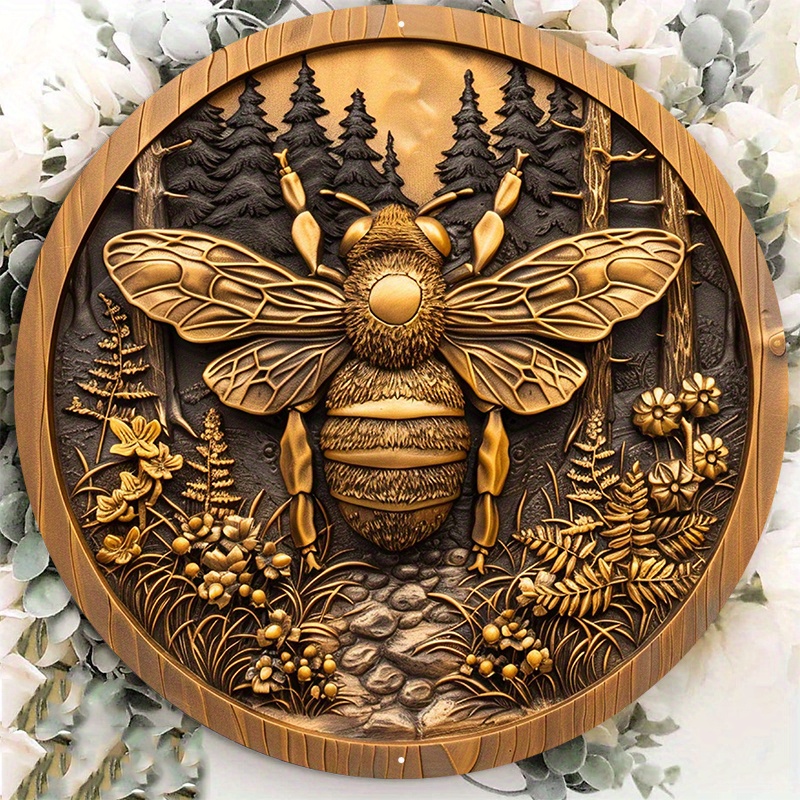 

1pc 8x8inch Aluminum Metal Sign A Golden Bee Design Sitting In A Forest Round Aluminum Sign Door Hanger Sign Wall Sign Wreath Sign Metal Sign Decor Sign