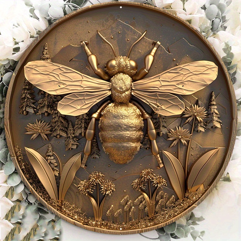 

1pc 8x8inch Aluminum Metal Sign A Golden Bee Design Sitting In A Forest Round Aluminum Sign Door Hanger Sign Wall Sign Wreath Sign Metal Sign Decor Sign