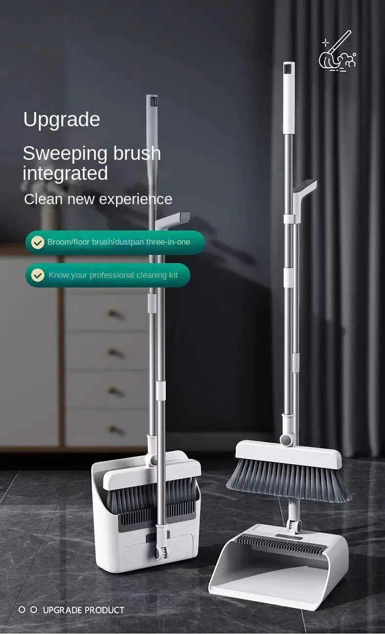 1set broom dustpan floor brush set long handle sweeping broom floor scrub brush dustpan with comb tooth household floor cleaning tools pet hair removal for home office school dorms cleaning supplies cleaning tool details 0