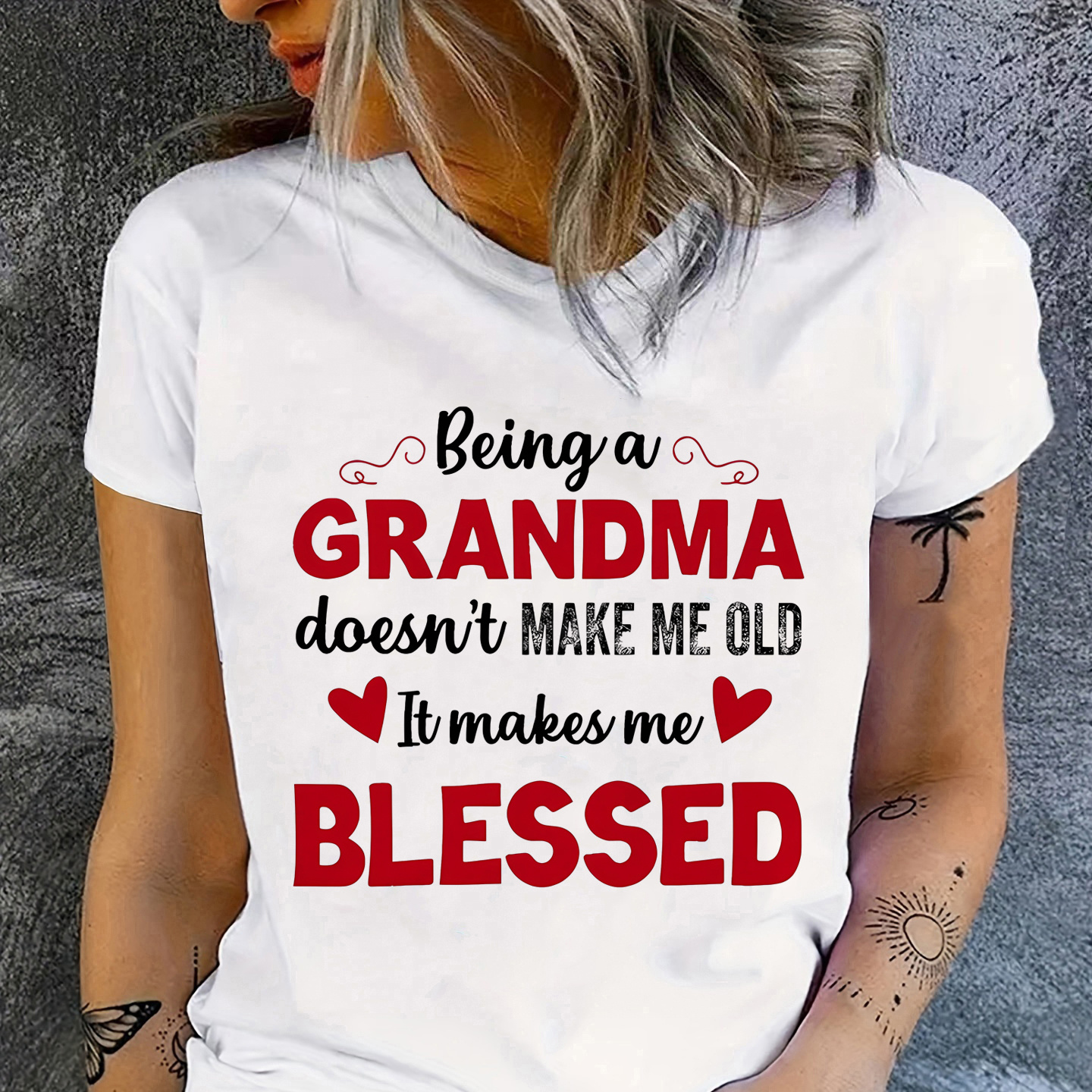 

Grandma Letter & Heart Print T-shirt, Short Sleeve Crew Neck Casual Top For Summer & Spring, Women's Clothing