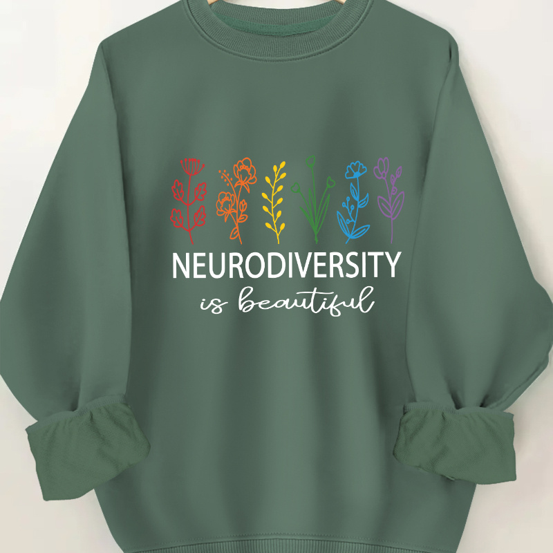 

Plus Size Neurodiversity & Floral Print Sweatshirt, Casual Long Sleeve Crew Neck Pullover Sweatshirt For Spring & Fall, Women's Plus Size Clothing