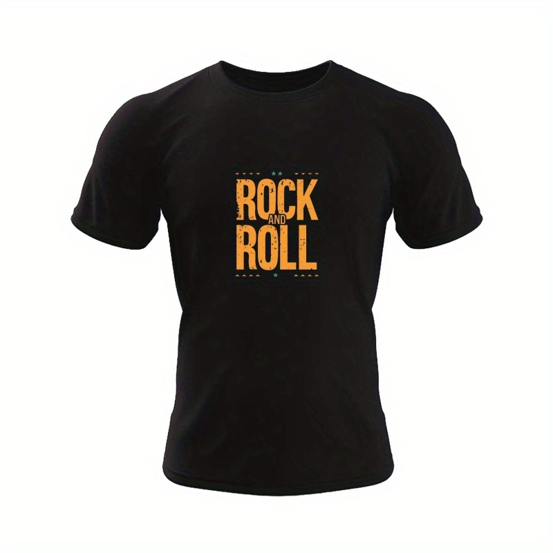 

Stylish Rock And Roll Letter Graphic Print Men's Creative Top, Casual Short Sleeve Crew Neck T-shirt, Men's Clothing For Summer Outdoor