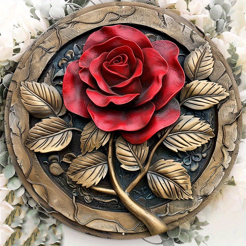 

1pc 8x8inch Aluminum Metal Sign Decorative Large Red Rose Wall Art Round Aluminum Sign Door Hanger Sign Wall Sign Wreath Sign Metal Sign Decor Sign