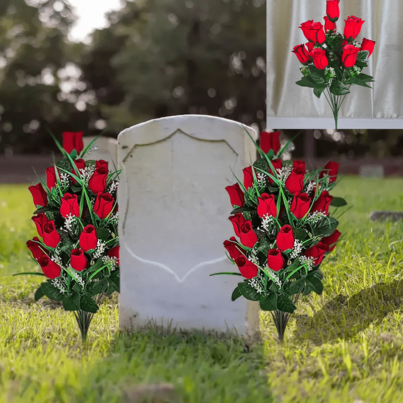 

2pcs Beautiful Lasting Artificial Cemetery Roses - Memorial Day Outdoor Grave Decoration, Farewell Home Decoration With Vase, Tabletop Placement (red) Wedding Decoration