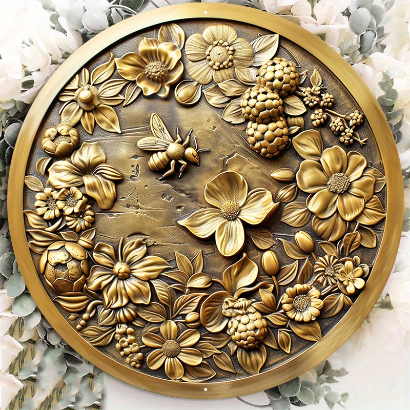 

1pc 8x8inch Aluminum Metal Sign This Is A Circular Gold Medallion With Bees And Flowers On It Round Aluminum Sign Door Hanger Sign Wall Sign Wreath Sign Metal Sign Decor Sign