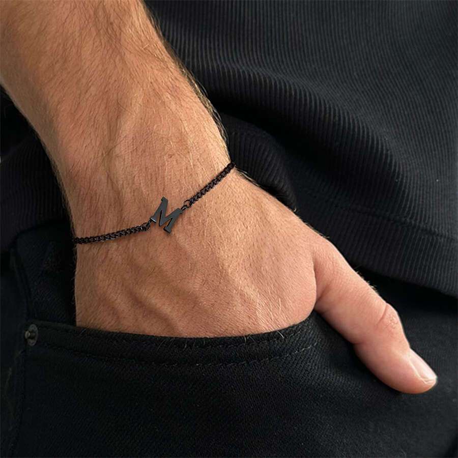 

1pc Classic Stainless Steel Initial Bracelet, Black Chain Bracelet For Men